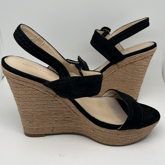 Marc Fisher Hippie 2 Black Suede Espadrille Boho Wedge Heel Sandals Size 8M - Picture 6 of 10